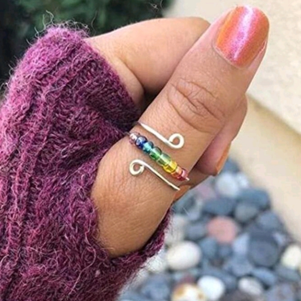 ✨3 FOR $28✨🆕️ 🌈 RAINBOW BEADED ANXIETY RING - SILVER-TONE 🌈